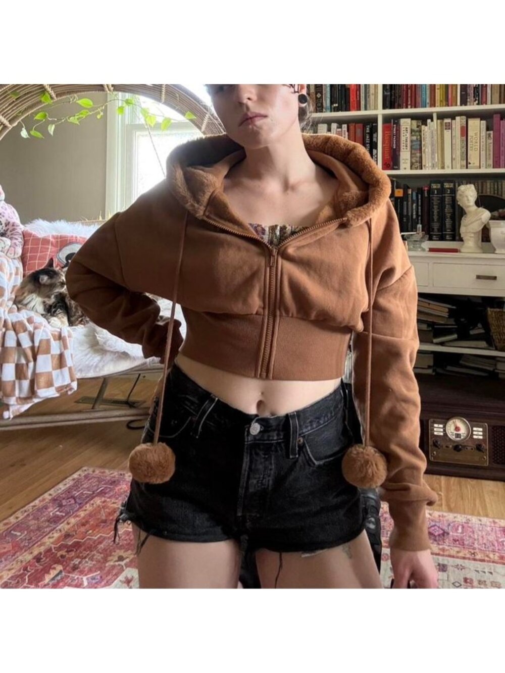Faux Fur Cropped Pom Pom Hoodie